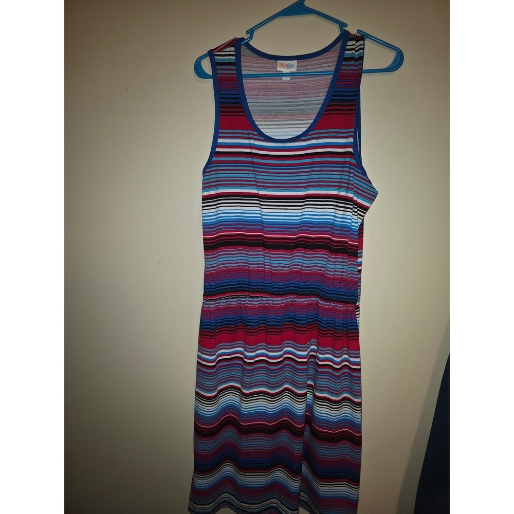 LuLaRoe Sleeveless Striped Dress Womens XL Blue Red Multi Color Elastic Waist